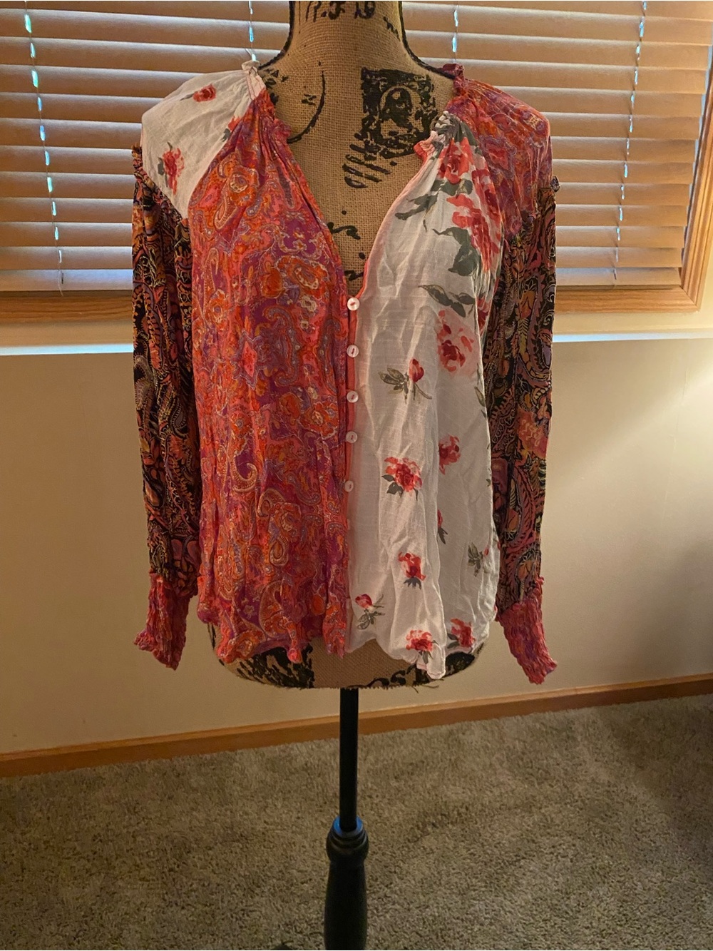 Boho Patchwork Floral Button-Front Blouse in Coral and White